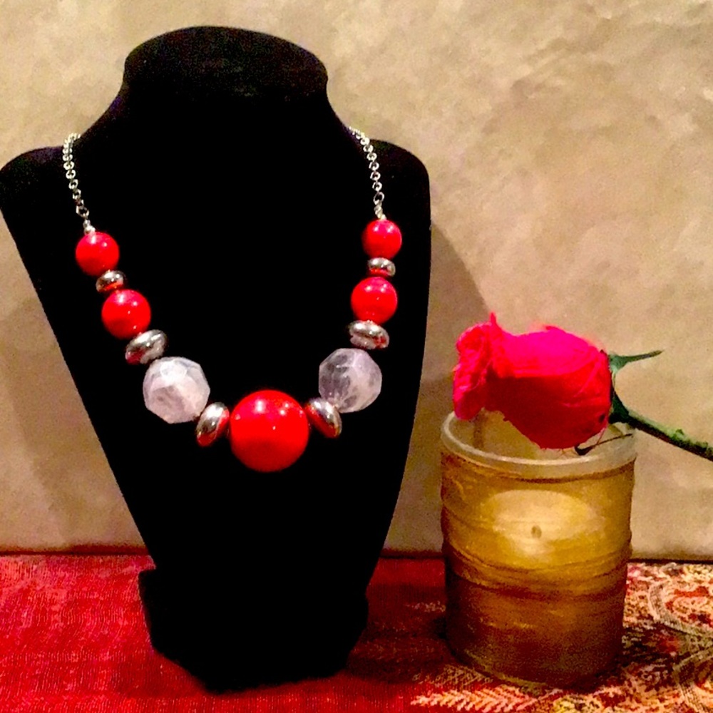 Bold Beaded Red & Silver Necklace